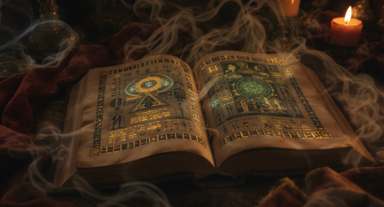 Aleister Crowley: el enigma del “Bestia 666” y los mitos que lo convirtieron en leyenda 3 Libro antiguo abierto con símbolos alquímicos, círculos mágicos y escritura arcana iluminada por velas, representando un grimorio esotérico estilo Crowley.