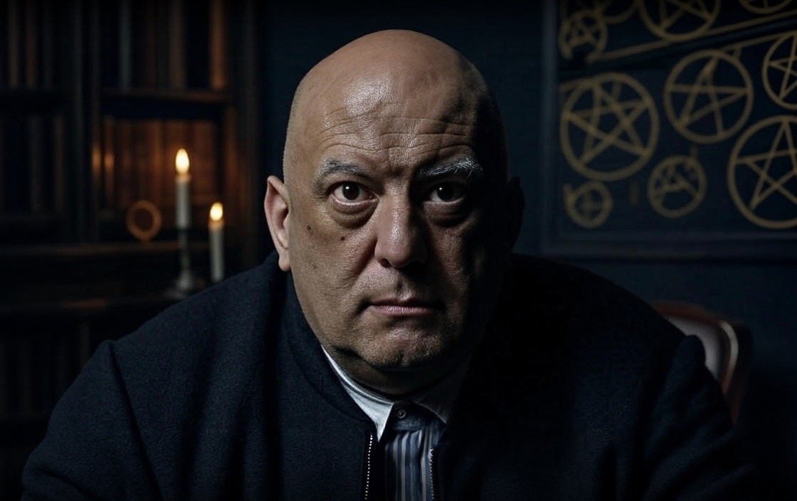 Aleister Crowley: el enigma del “Bestia 666” y los mitos que lo convirtieron en leyenda 4 Hombre calvo con expresión intensa sentado en un cuarto oscuro con símbolos de pentagramas en la pared, representando una figura inspirada en Aleister Crowley.