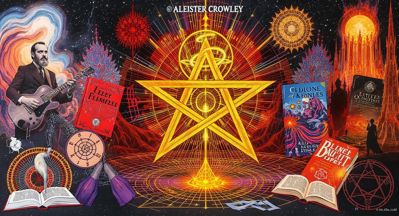 Aleister Crowley: el enigma del “Bestia 666” y los mitos que lo convirtieron en leyenda 6 Collage psicodélico con motivos esotéricos, libros, símbolos mágicos y una estrella dorada en el centro, acompañado del nombre “Aleister Crowley” en la parte superior.