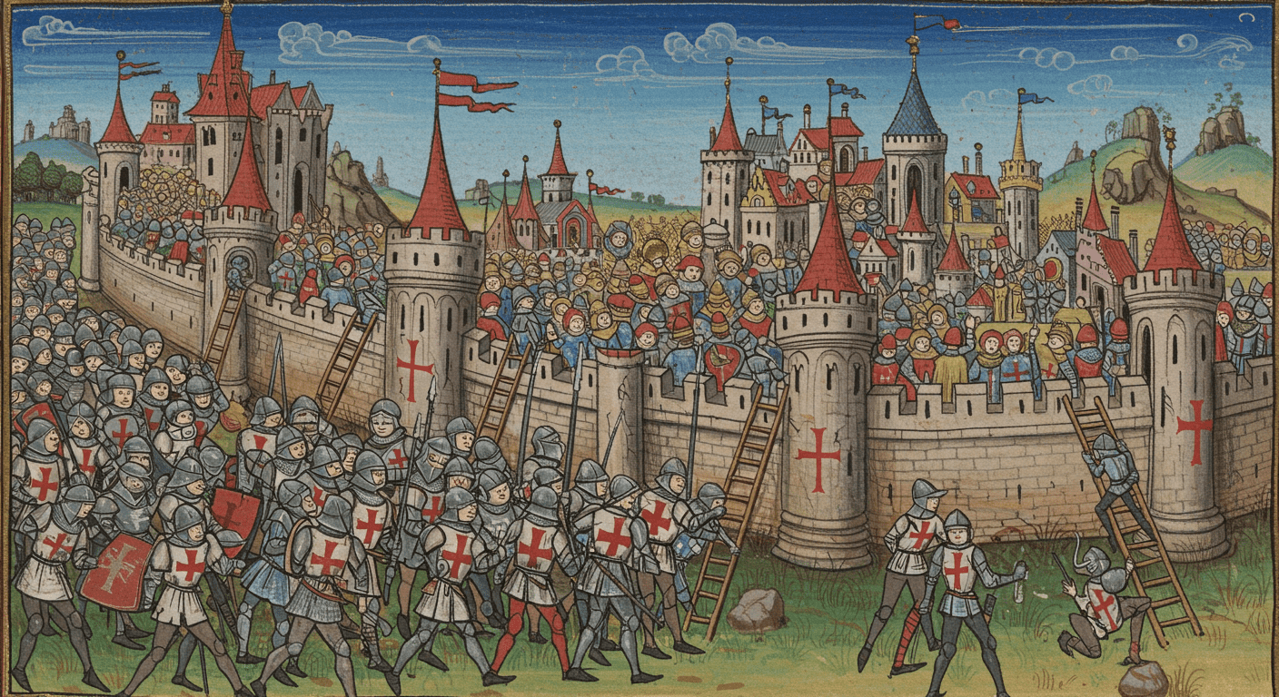 ¿Qué fueron las Cruzadas? Causas, desarrollo y consecuencias históricas 4 "Ilustración medieval de asedio a ciudad fortificada. Soldados cruzados, murallas y arquitectura medieval. Adecuado para historia medieval y arte antiguo."