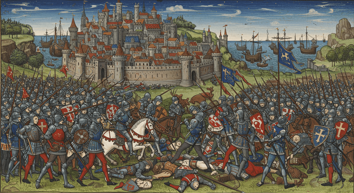 ¿Qué fueron las Cruzadas? Causas, desarrollo y consecuencias históricas 5 "Ilustración medieval de batalla con caballeros y ciudad amurallada. Soldados, caballos, barcos y lucha. Ideal para historia medieval y arte antiguo."