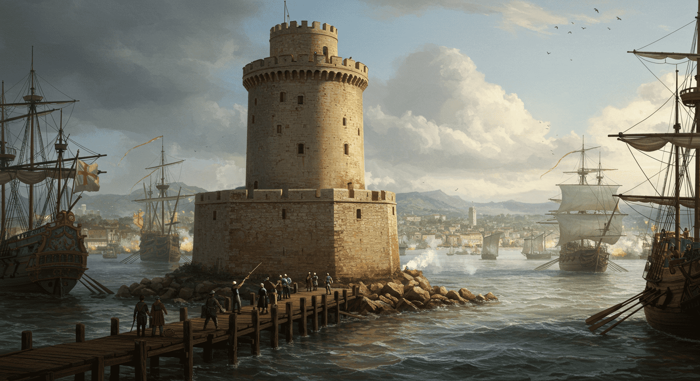 ¿Qué fueron las Cruzadas? Causas, desarrollo y consecuencias históricas 6 "Pintura histórica de batalla naval con barcos y torre de piedra. Combate marítimo, ciudad costera y naves antiguas. Ideal para historia naval y arte antiguo."