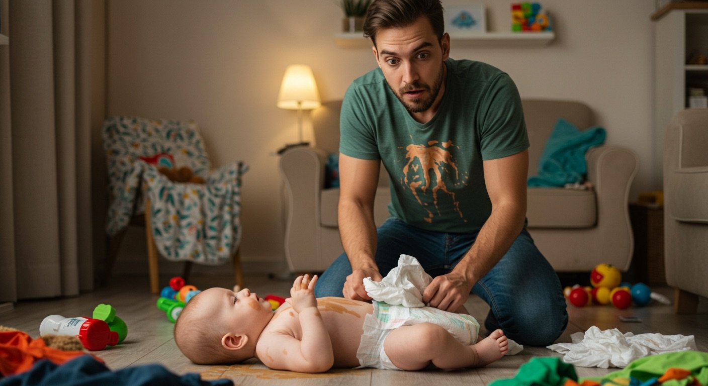 Día del Padre: cómo se celebra y de dónde viene 2 Padre cambiando pañal a un bebé, momento de desorden en la vida real, tono humorístico