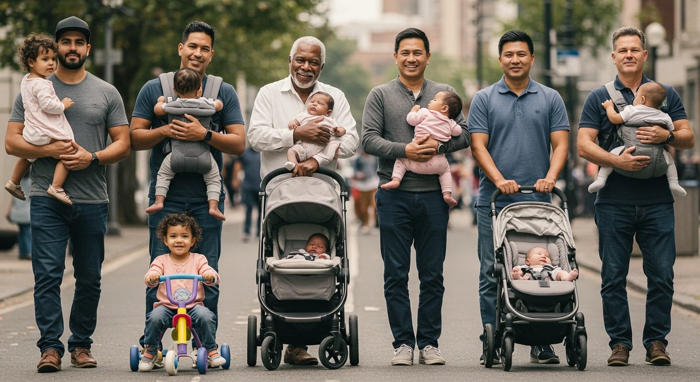 Día del Padre: cómo se celebra y de dónde viene 3 Grupo de padres diversos, de diferentes etnias y edades, sosteniendo a sus hijos o artículos para bebés