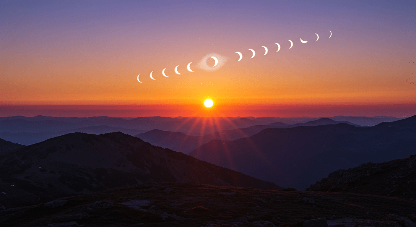 Eclipse Solar: qué es, cómo se ve y por qué no deberías mirarlo sin protección 1 Secuencia time-lapse de un eclipse solar parcial sobre un horizonte montañoso, con los colores del atardecer