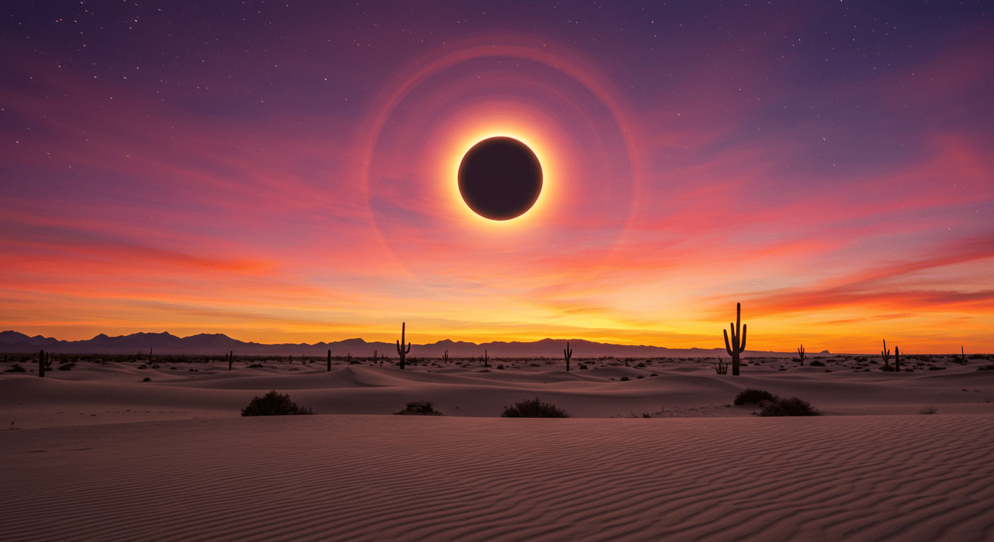 Eclipse Solar: qué es, cómo se ve y por qué no deberías mirarlo sin protección 3 Eclipse anular en forma de anillo de fuego visto desde el desierto, cielo vívido