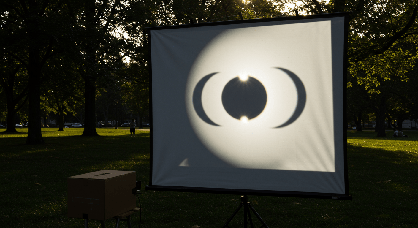Eclipse Solar: qué es, cómo se ve y por qué no deberías mirarlo sin protección 5 Proyector estenopeico proyectando la sombra del eclipse sobre una pantalla blanca, al aire libre