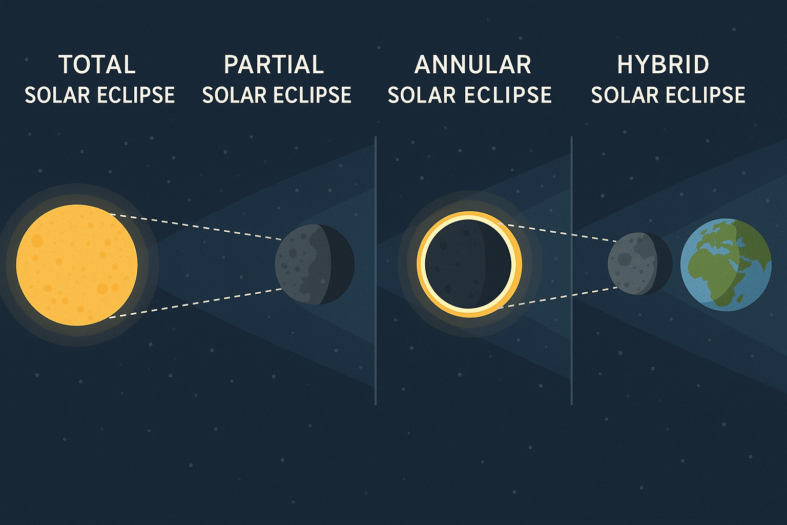 Eclipse Solar: qué es, cómo se ve y por qué no deberías mirarlo sin protección 6 Ilustración de la alineación del Sol, la Luna y la Tierra durante diferentes tipos de eclipse