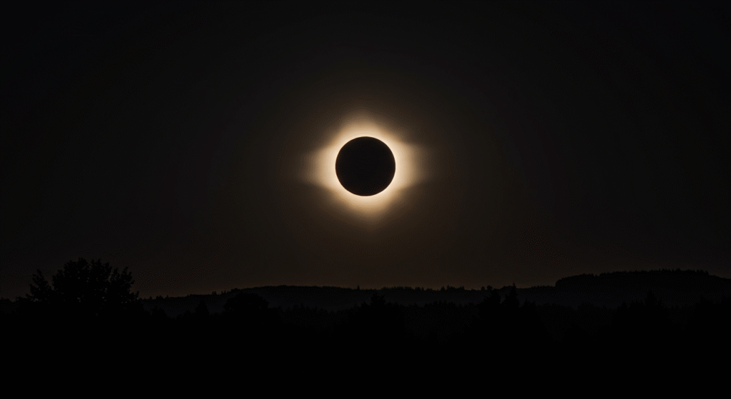 Eclipse solar dramático con halo coronal y siluetas de paisaje, alta resolución, realista