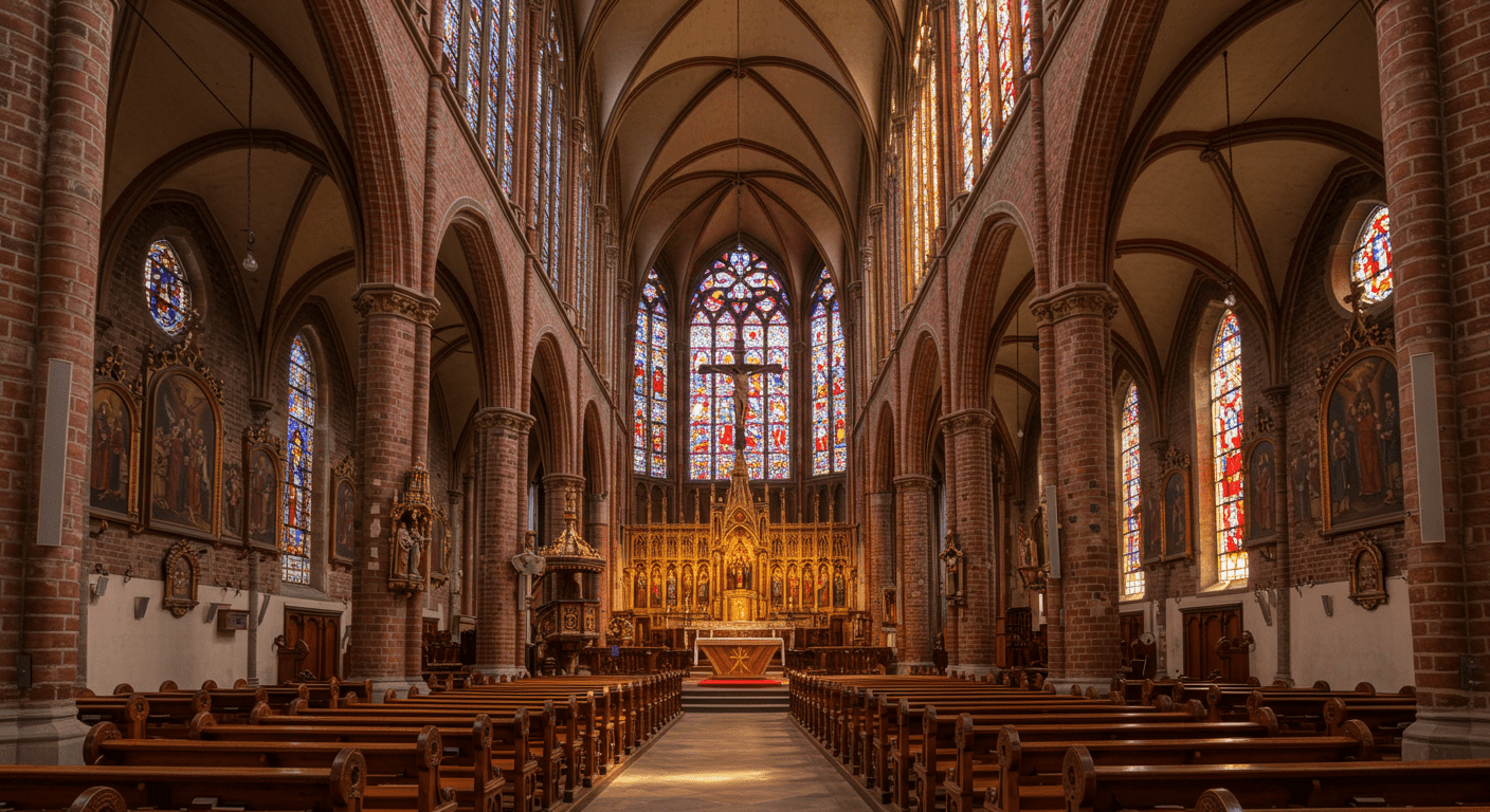 ¿Qué fueron las Cruzadas? Causas, desarrollo y consecuencias históricas 2 "Interior de iglesia gótica con vidrieras y bancos de madera. Arquitectura religiosa, arte sacro, detalles de vidrieras coloridas. Ideal para temas de religión y arquitectura."