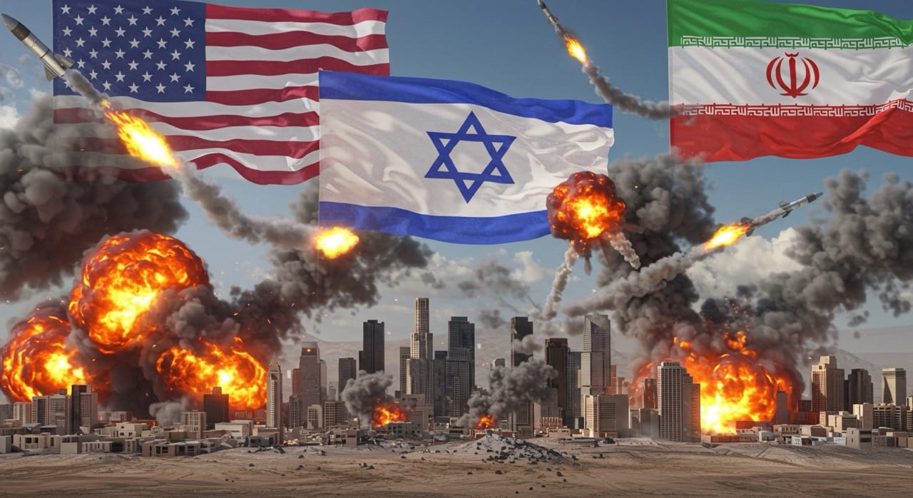 Guerra entre Israel e Irán con misiles y banderas en conflicto abierto