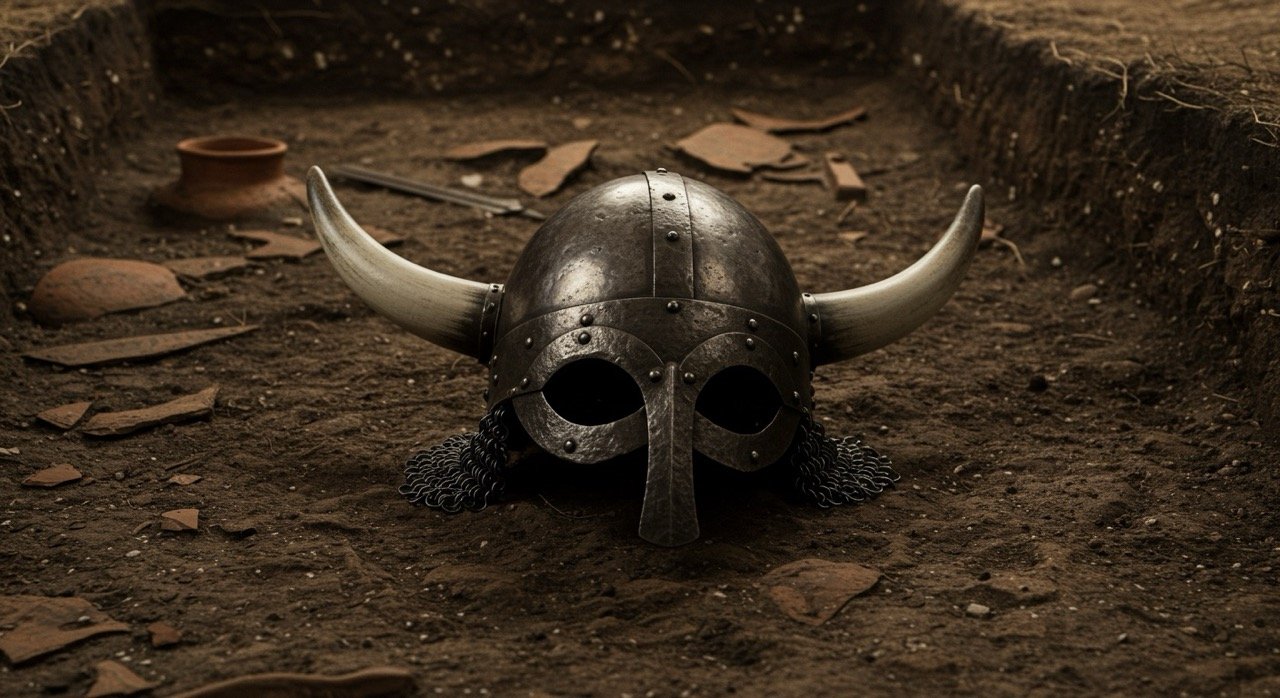 Mitos de la historia: mentiras que siguen vivas 2 Casco vikingo sin cuernos hallado en excavación.
