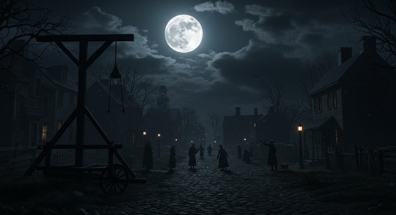 Mitos de la historia: mentiras que siguen vivas 6 Patíbulo de Salem iluminado por la luna.
