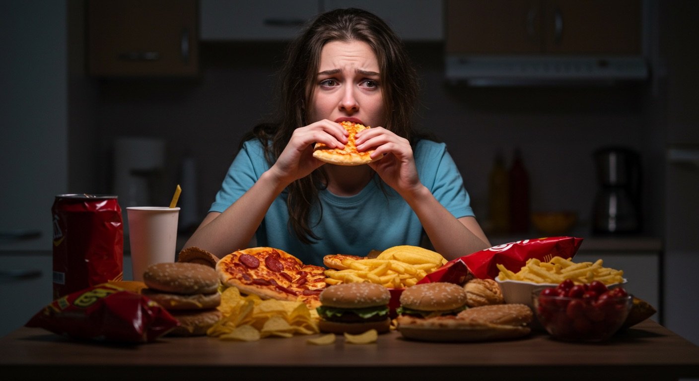 Vicios comunes: 6 que quizás ya tienes sin saberlo 2 Persona comiendo comida chatarra en exceso, sola, con aspecto ansioso