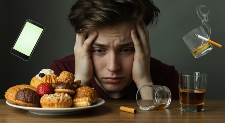 Persona con aspecto estresado rodeada de iconos de vicios comunes como la comida, el teléfono, el cigarrillo y el alcohol