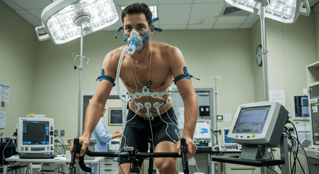 ¿Qué hace a un piloto de Fórmula 1 realmente rápido? Más allá del coche 3 Atleta realizando prueba de esfuerzo en bicicleta estática en laboratorio. Evaluación fisiológica y rendimiento deportivo
