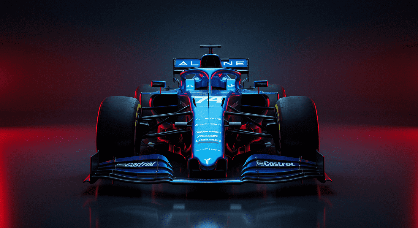 Coche de Fórmula 1 Alpine azul con iluminación roja y azul. Diseño y tecnología en el automovilismo