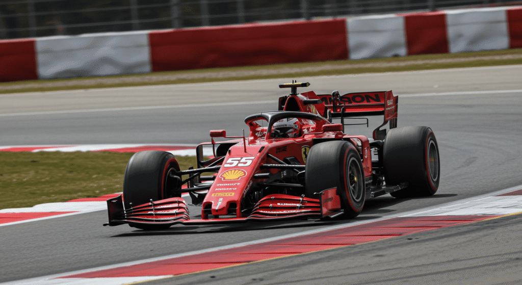¿Qué hace a un piloto de Fórmula 1 realmente rápido? Más allá del coche 7 Coche de carreras Ferrari rojo número 55 en la pista. Imagen de Fórmula 1 en alta velocidad