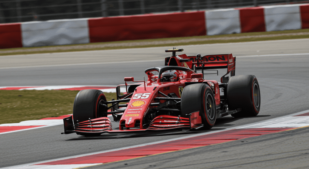 ¿Qué hace a un piloto de Fórmula 1 realmente rápido? Más allá del coche 2 Coche de carreras Ferrari rojo número 55 en la pista. Imagen de Fórmula 1 en alta velocidad