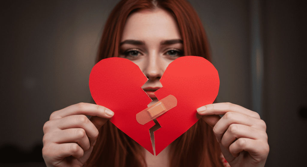 Mujer pelirroja sostiene corazón de papel rojo roto, unido con curita. Imagen sobre el desamor y la necesidad de reparación emocional