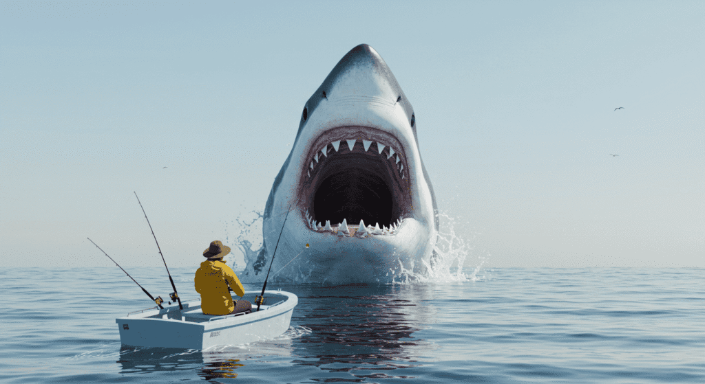 Pescador en bote frente a un tiburón gigante que emerge del mar. Escena de peligro y contraste de tamaños
