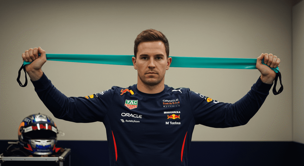 ¿Qué hace a un piloto de Fórmula 1 realmente rápido? Más allá del coche 6 Piloto de carreras Max Verstappen estirándose con banda elástica. Preparación física para la Fórmula 1