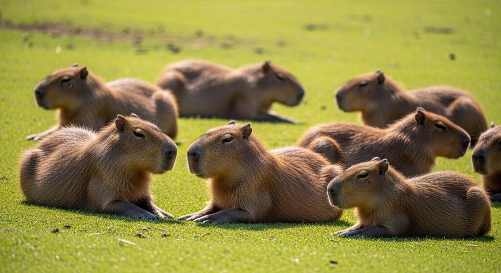 Capibara el roedor más grande del mundo: curioso y sociable 2 Grupo de capibaras descansando juntos en la hierba mostrando su vida social.
