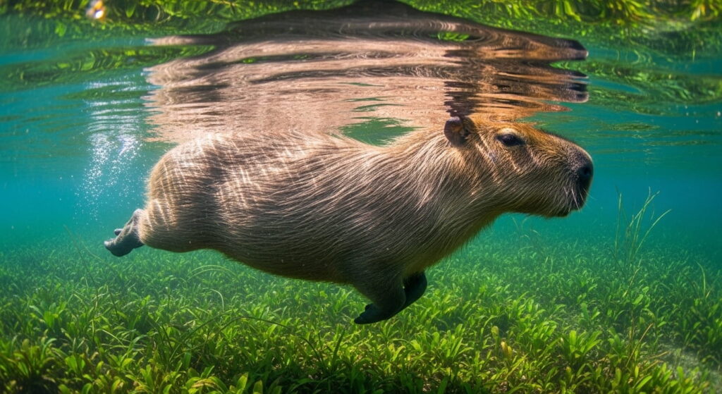 Capibara el roedor más grande del mundo: curioso y sociable 3 Capibara nadando bajo el agua en su hábitat natural.