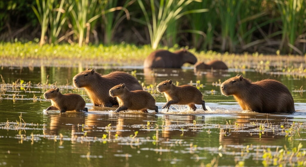 Capibara el roedor más grande del mundo: curioso y sociable 4 Crías de capibara jugando bajo la atenta mirada de adultos en la naturaleza.