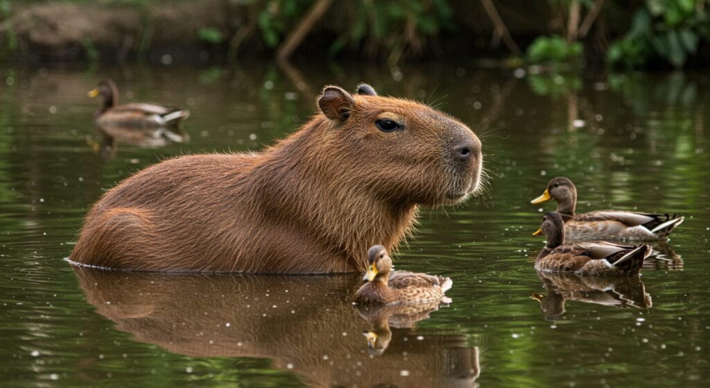 Capibara el roedor más grande del mundo: curioso y sociable 5 Capibara conviviendo con patos y aves mostrando su sociabilidad.