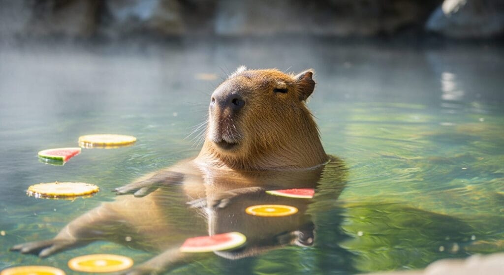 Capibara el roedor más grande del mundo: curioso y sociable 6 Capibara disfrutando relajado en aguas termales rodeado de frutas.