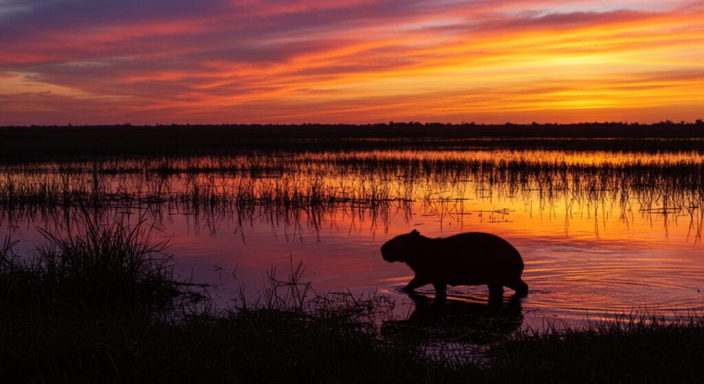 Capibara el roedor más grande del mundo: curioso y sociable 7 Silueta de un capibara caminando al atardecer en humedales su hábitat.