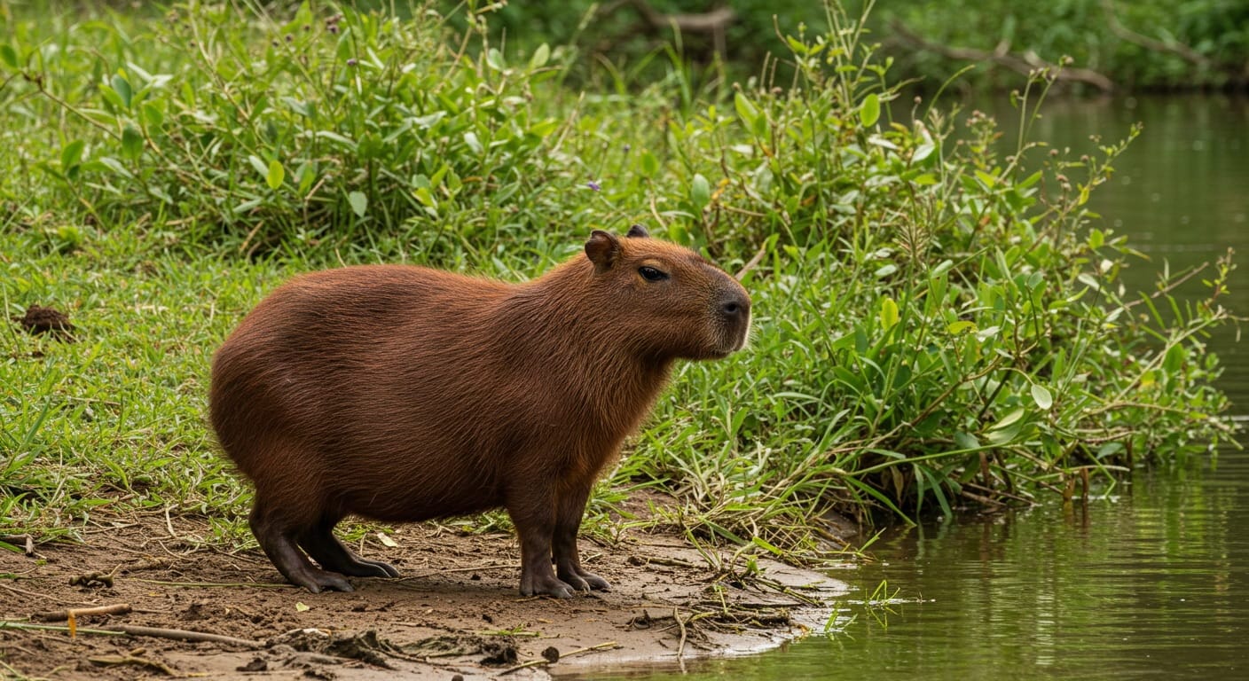 Capibara el roedor más grande del mundo junto a un río rodeado de vegetación.
