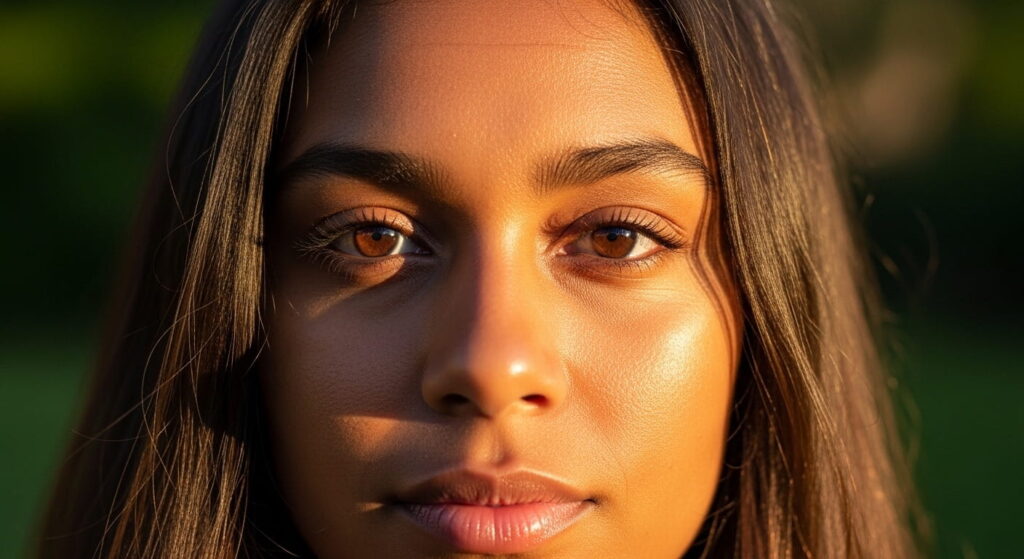 Ojos marrones resaltando su alta melanina y protección evolutiva contra el sol.