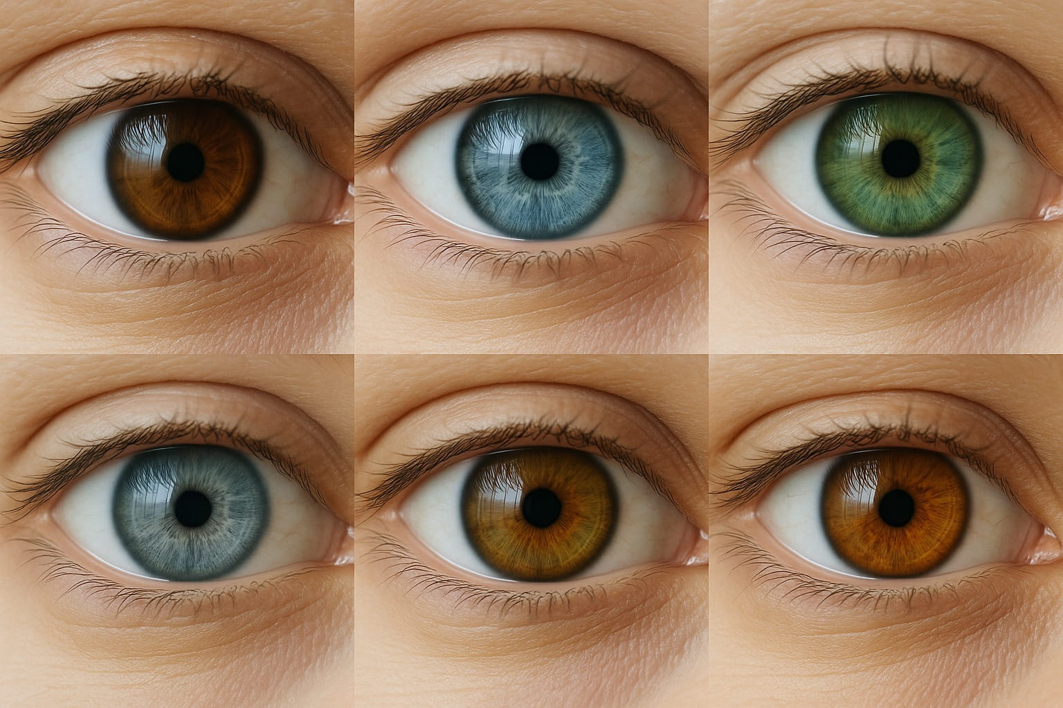 Colores de ojos mostrando marrón, azul, verde, gris, avellana y ámbar para ilustrar las ventajas evolutivas.