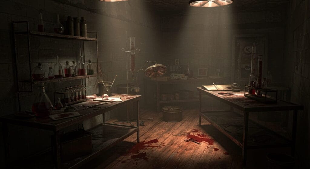 Laboratorio oscuro con instrumentos médicos antiguos usados en experimentos humanos reales
