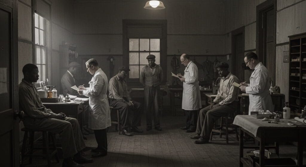 Participantes del experimento Tuskegee siendo examinados sin saber su diagnóstico real