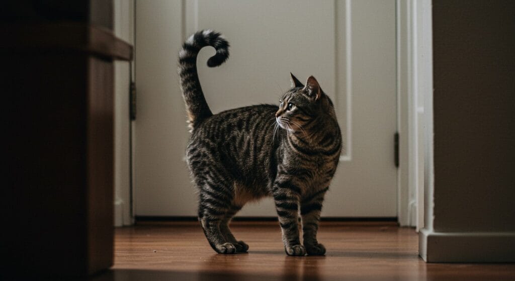 Gatos: entendamos mejor su lenguaje corporal 2 Cola de un gato erguida con punta curvada, lenguaje corporal gatos feliz