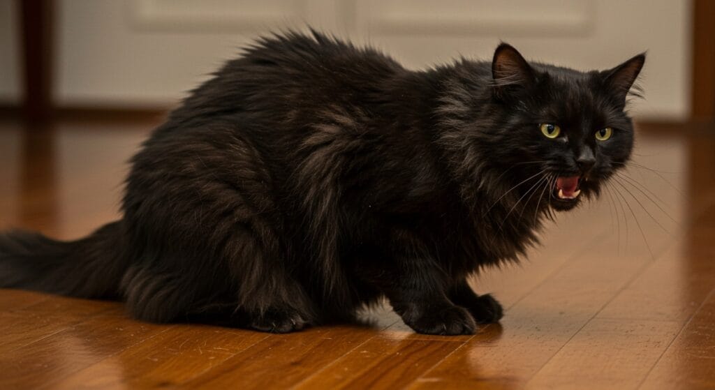 Gatos: entendamos mejor su lenguaje corporal 6 Gato negro bufando con lomo arqueado y pelo erizado, lenguaje corporal de advertencia