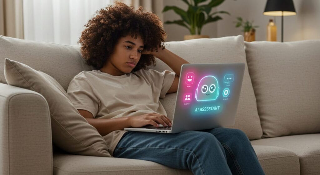 Persona con expresión perezosa usando una computadora con un asistente de inteligencia artificial, ejemplificando la dependencia tecnológica