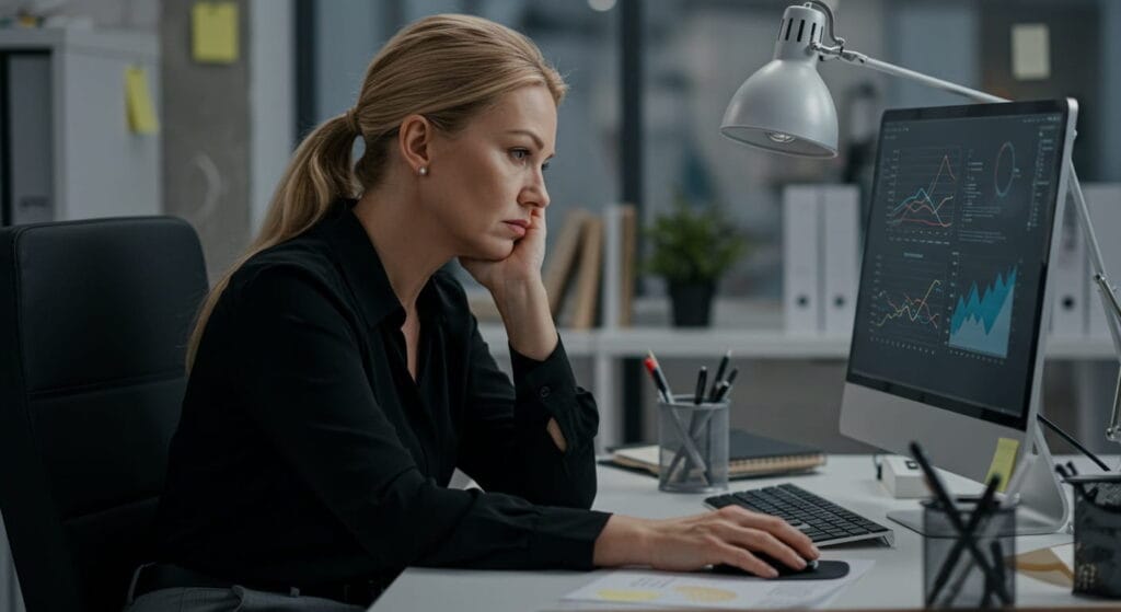 Trabajador de oficina desmotivado frente a su ordenador mientras la inteligencia artificial realiza su trabajo, mostrando pereza intelectual en el entorno laboral