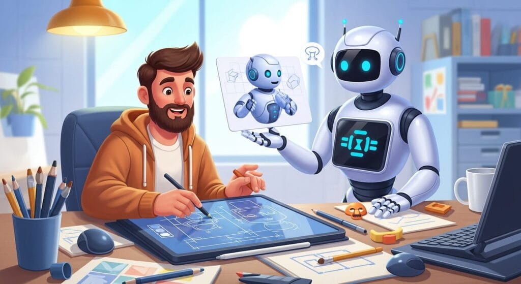 Humano colaborando con un robot de inteligencia artificial en una tarea creativa, simbolizando la IA como trampolín en lugar de muleta mental