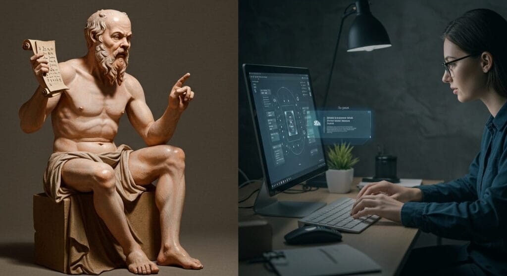 Mosaico con Sócrates rechazando un pergamino escrito y una persona moderna usando un ordenador con asistente de IA; refleja que las nuevas tecnologías primero infunden temor pero luego impulsan adaptación