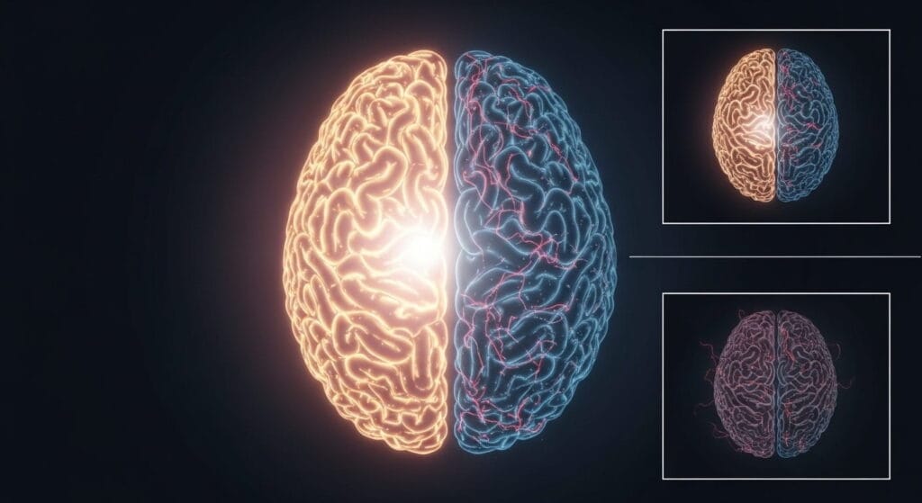Ilustración comparativa de un cerebro activo junto a otro apagado, simbolizando la reducción de la actividad cerebral al abusar de la inteligencia artificial