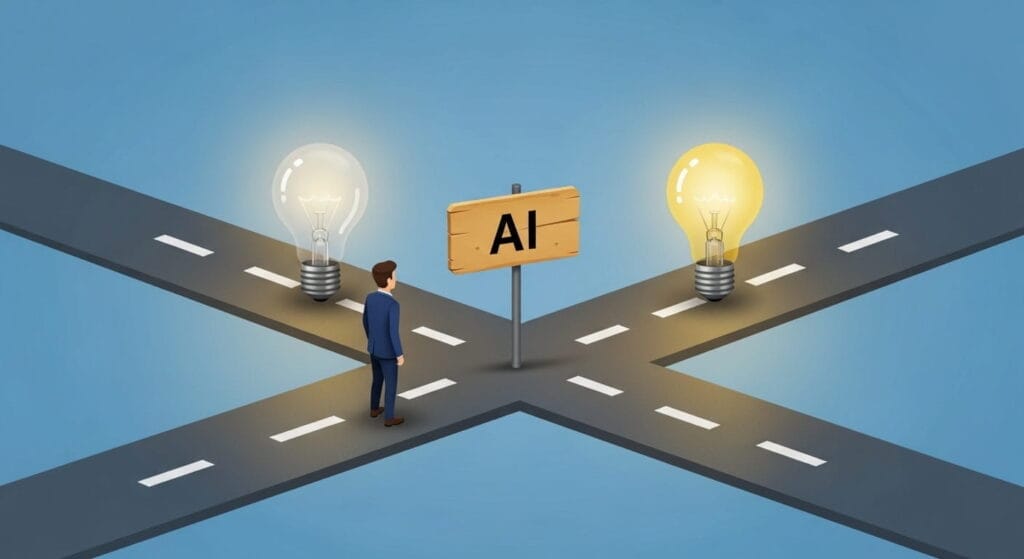 Persona ante dos caminos: uno lleva a una bombilla apagada (ignorancia) y otro a una bombilla encendida (conocimiento); representa la decisión de usar la inteligencia artificial para volverse más tonto o más sabio