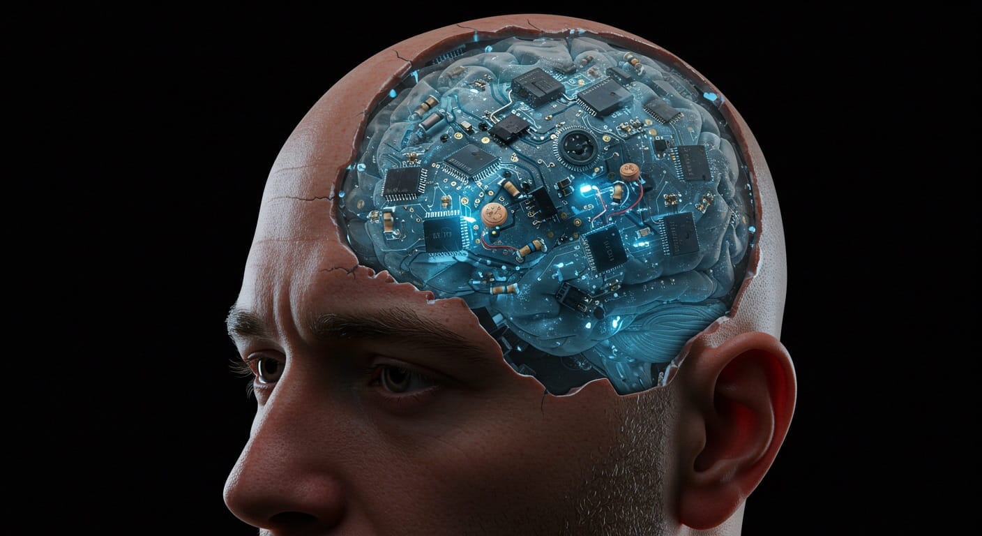 Ilustración de un ser humano cuyo cerebro es reemplazado por circuitos, representando cómo la inteligencia artificial nos hace más tontos
