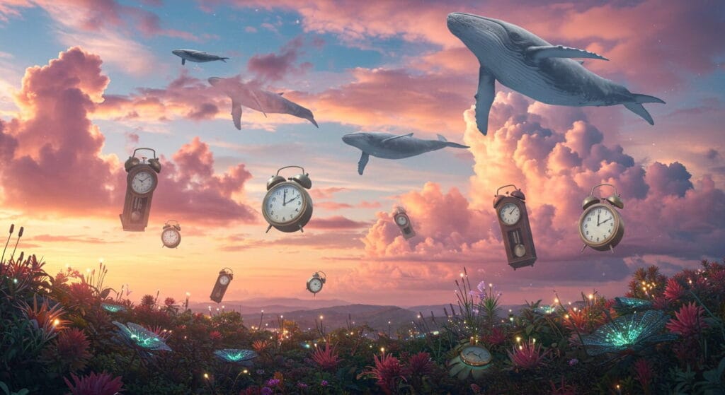 Misterios del cerebro humano: lo que la ciencia aún no explica 3 paisaje onírico surrealista con relojes flotantes y ballenas voladoras, sueños y cerebro humano.