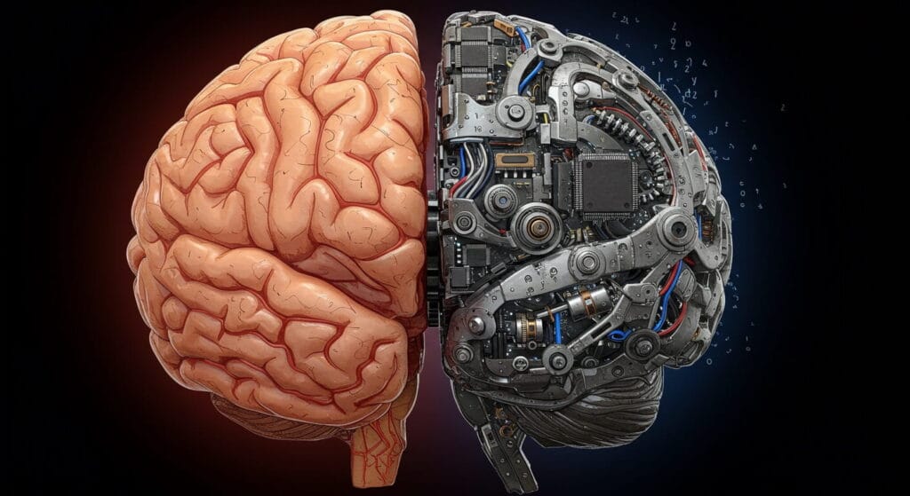 Misterios del cerebro humano: lo que la ciencia aún no explica 4 ilustración del cerebro mitad mecánico y mitad biológico, memoria y misterios del cerebro humano.