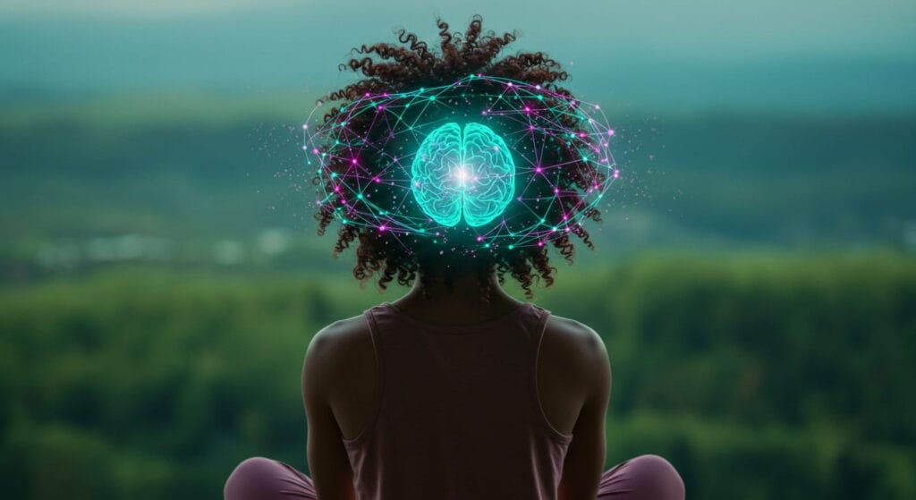 Misterios del cerebro humano: lo que la ciencia aún no explica 5 persona meditando con red neuronal brillante, emociones y conciencia en el cerebro humano.