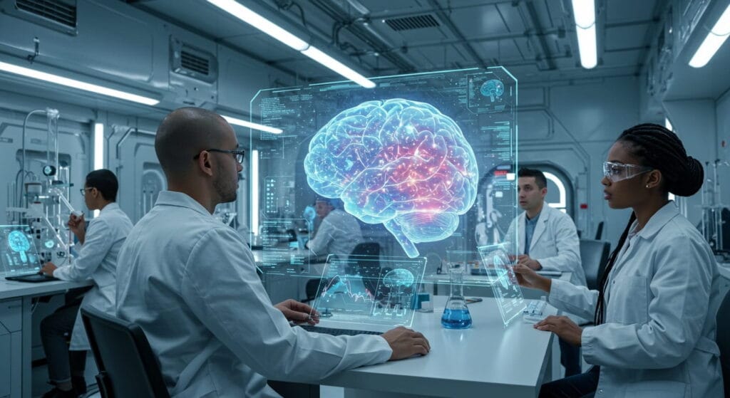 Misterios del cerebro humano: lo que la ciencia aún no explica 6 científicos estudiando holograma de cerebro gigante, investigación de misterios del cerebro humano.